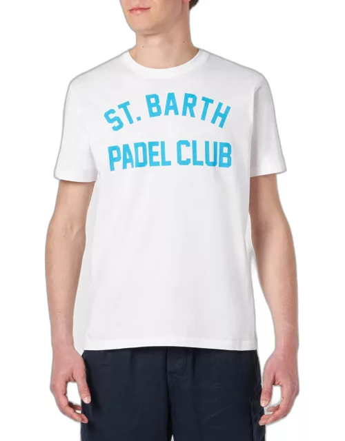 MC2 Saint Barth Man White Cotton T-shirt With St. Barth Padel Club Print