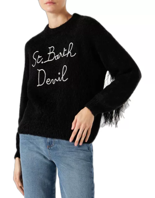 MC2 Saint Barth Woman Black Brushed Crewneck Sweater With Fringe