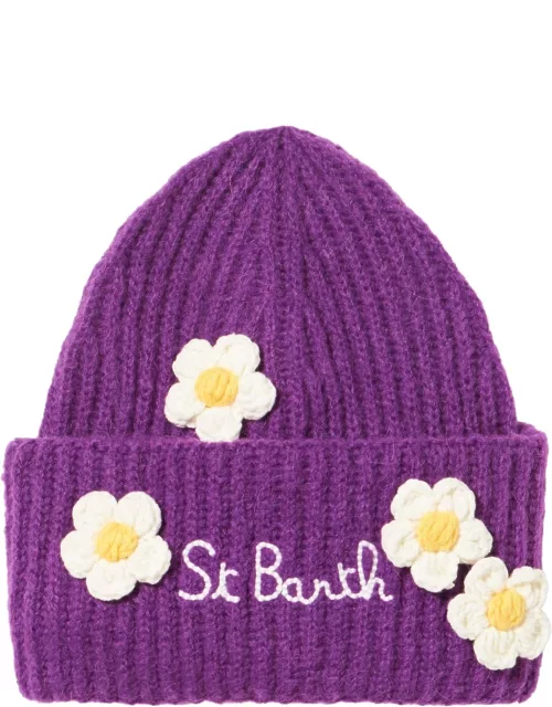 MC2 Saint Barth Woman Brushed And Ultra Soft Beanie With Daisies Appliqué