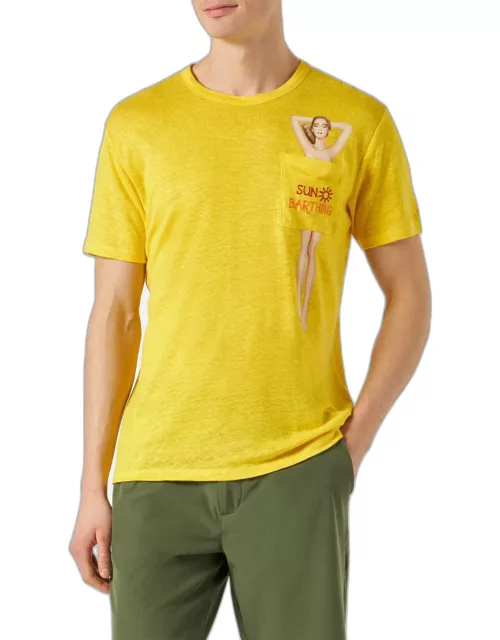 MC2 Saint Barth Yellow Linen Man T-shirt With Printed Pocket
