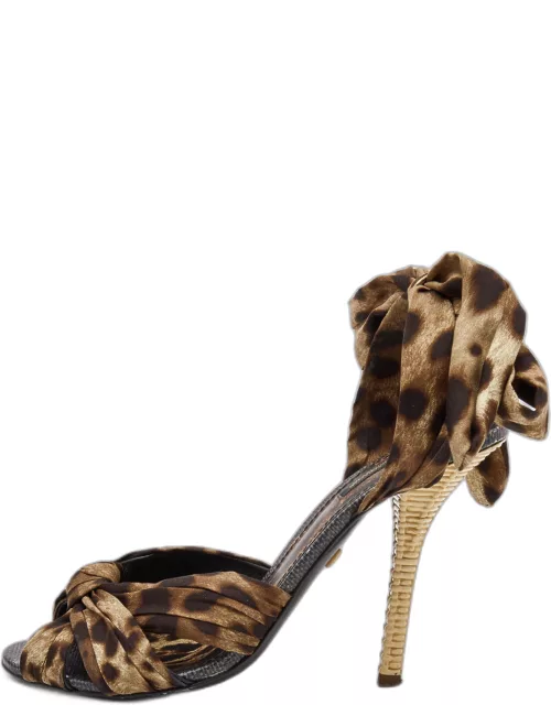Dolce & Gabbana Brown Satin Leopard Print Fastening Ankle Tie Sandal
