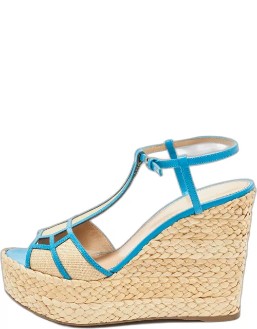 Sergio Rossi Blue/Beige Leather and Raffia Ankle Strap Espadrille Wedge Sandal
