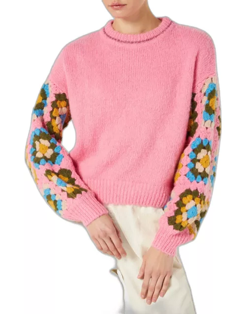 MC2 Saint Barth Woman Ultra Soft Crewneck Sweater With Handmade Crochet Sleeve