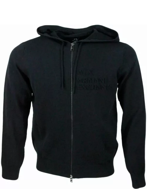 Armani Collezioni Full Zip Hooded Sweater With Drawstring In 100% Cotton With Embossed Logo On The Chest