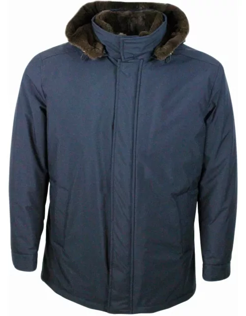 Barba Napoli 3/4 Length Luxury Jacket Padded In Technical Fabric With Precious And Precious Lapin Lining And Detachable Hood. Zip Closure And Front Pocket