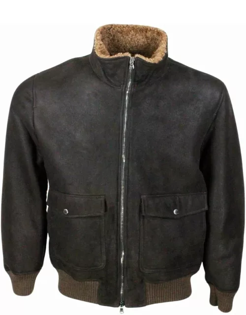 Barba Napoli Bomber Jacket In Fine And Soft Shearling Sheepskin With Stretch Knit Trims And Zip Closure. Front Pocket