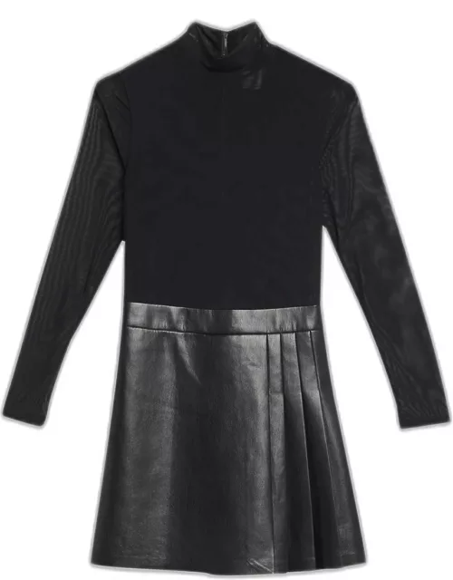 Chara Long-Sleeve Vegan Leather Pleated Mini Dres