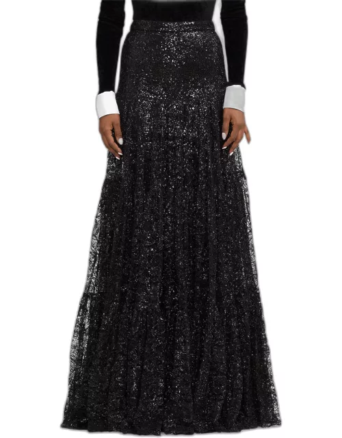Sutton Sequin Tiered Lace-Overlay Maxi Skirt