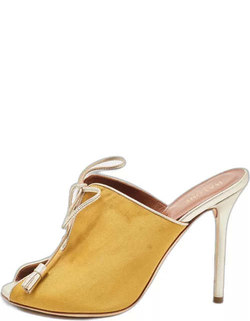 Malone Souliers Yellow Canvas and Leather Peep Toe Lace Up Mule