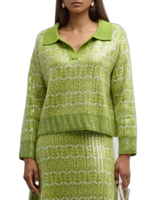 Sequin Geometric Intarsia Polo Sweater