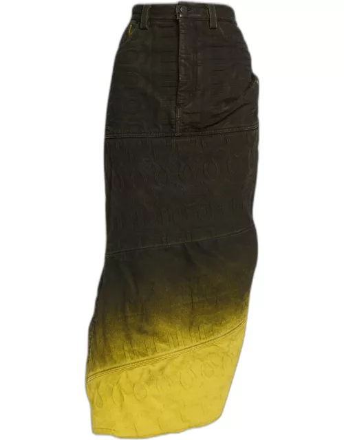 Denim Ombre-Painted Logo-Embossed Midi Skirt