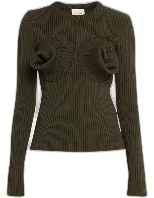 Knit Flower-Bust Long-Sleeve Sweater