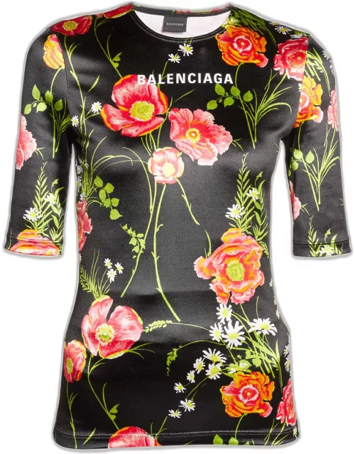 Logo Floral-Print 3/4-Sleeve Fitted Top
