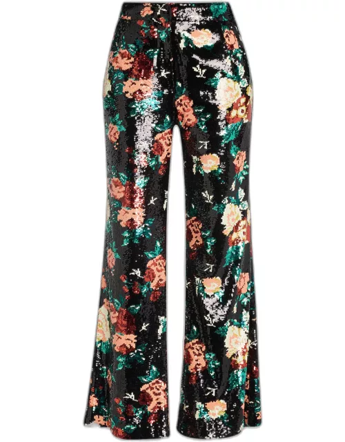 Emma Black Sequin Floral Wide-Leg Pant