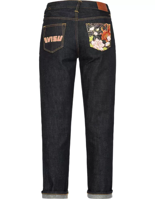Goldfish and Floral Flow Embroidery Straight Fit Denim Jean