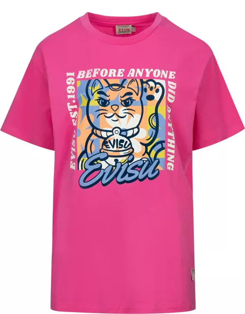 Fortune Cat Flocking with Slogan Print Boyfriend T-shirt