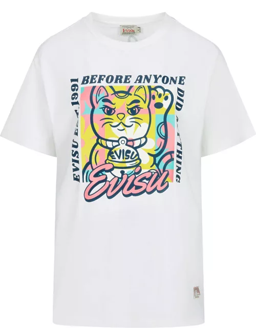 Fortune Cat Flocking with Slogan Print Boyfriend T-shirt