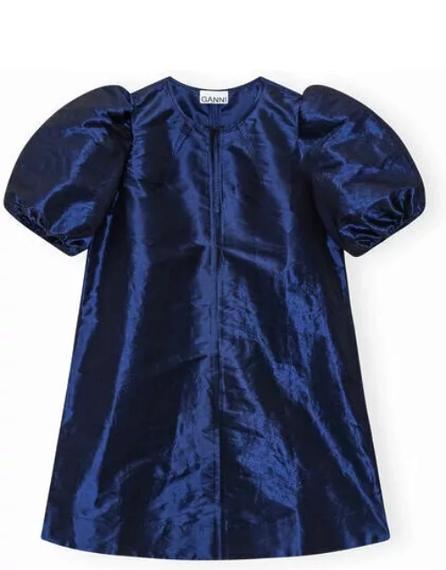 GANNI Short Sleeve Blue Shiny Taffeta Mini Dress in Sodalite Blue
