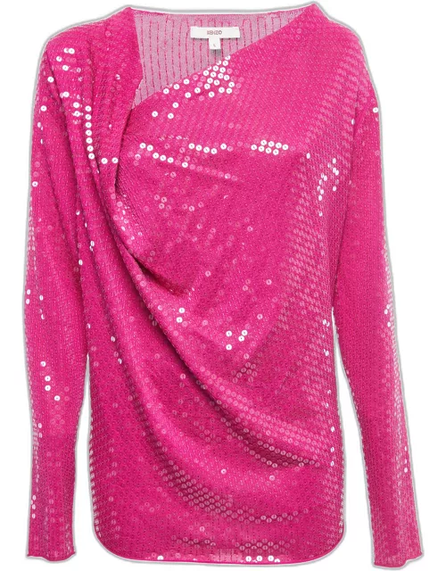 Kenzo Pink Sequin Embellished Silk Knit Draped Long Sleeve Tunic