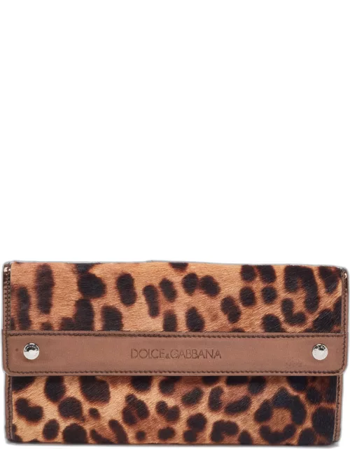 Dolce & Gabbana Brown Leopard Print Calfhair and Patent Leather Continental Wallet