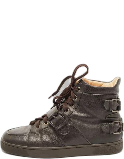 Christian Louboutin Dark Brown Leather Buckle Detail High Top Sneaker