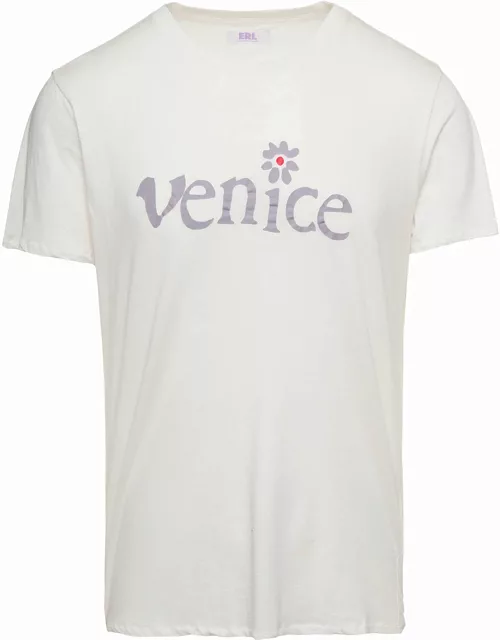 ERL White Crewneck T-shirt With Venice Print In Cotton