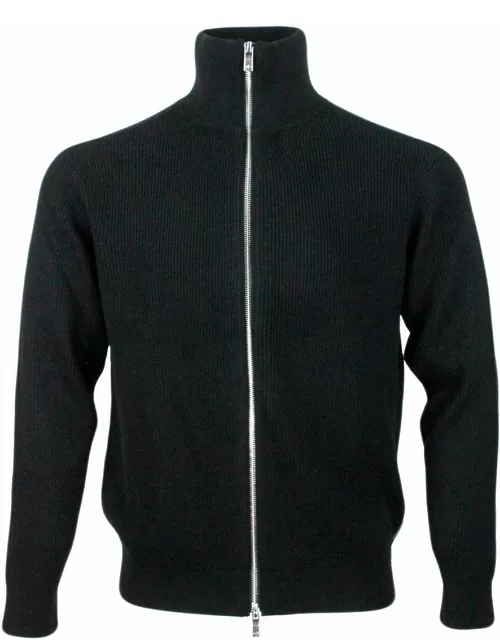 Armani Collezioni Full Zip Cardigan Sweater With English Rib Knit In Wool And Cotton Blend