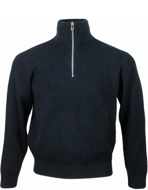 Armani Collezioni English Rib Half-zip Sweater Made Of A Wool And Cotton Blend