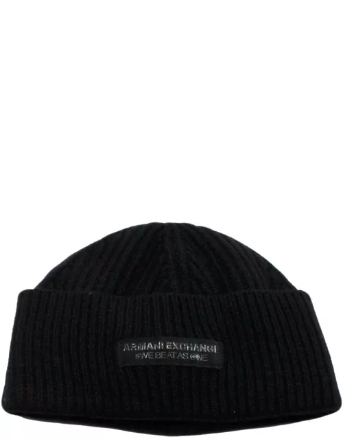 Armani Collezioni English Half-ribbed Beanie Hat Made Of Wool Blend With Logo