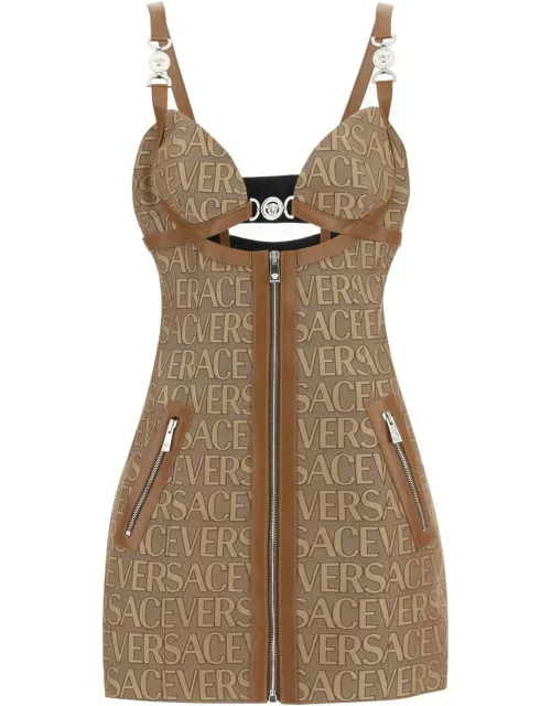 VERSACE monogram mini dress with leather trim