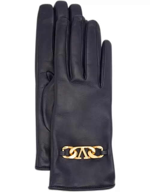 V-Logo Chain Leather & Cashmere Glove