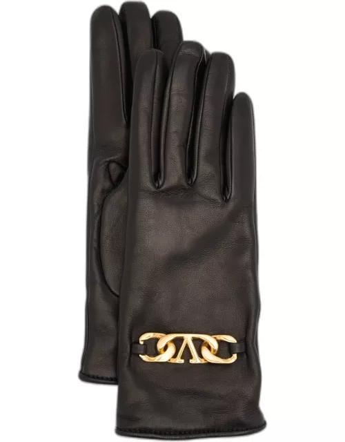 V-Logo Chain Leather & Cashmere Glove
