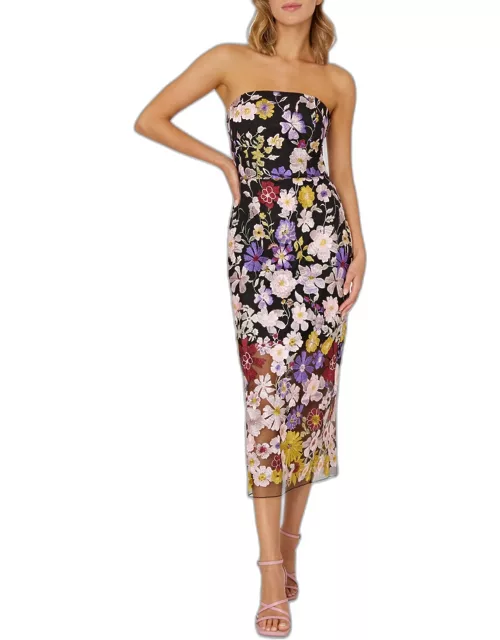 Strapless Floral-Embroidered Midi Dres
