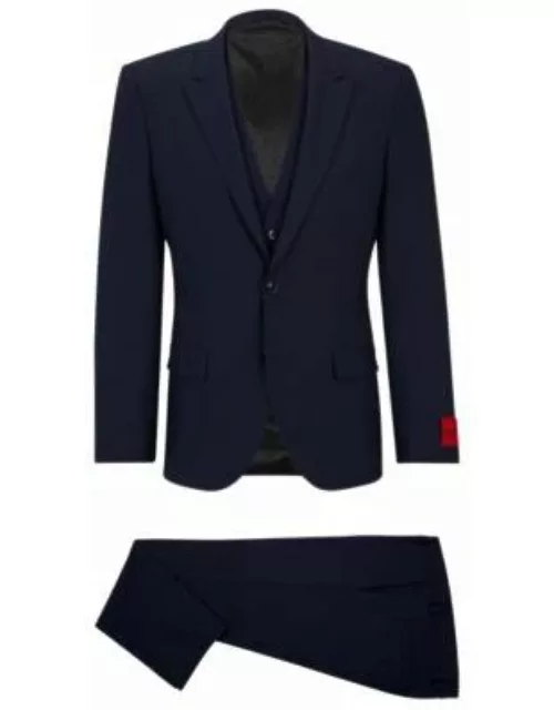 Three-piece slim-fit suit in performance-stretch fabric- Dark Blue Men's Business Suit