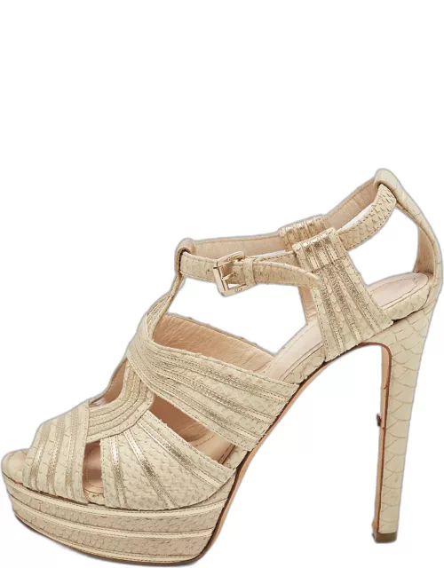 Dior Beige/Gold Embossed Python and Leather Platform Ankle Strap Sandal