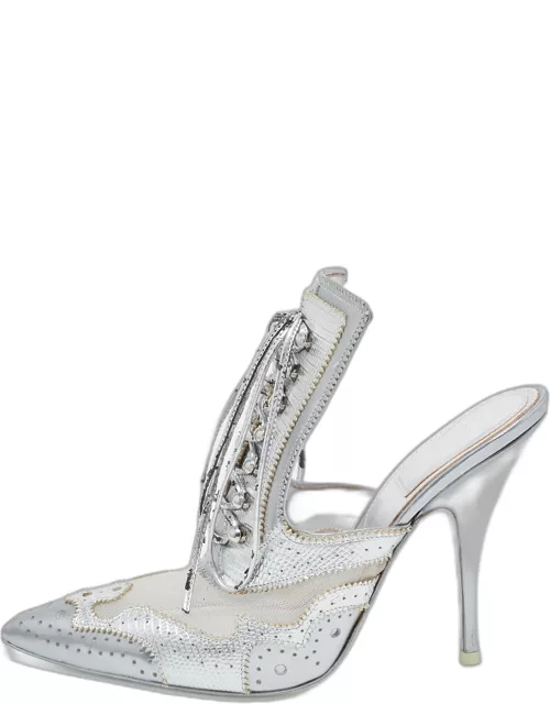 Givenchy Silver Lizard Embossed Leather and Mesh Pointed Toe Mule