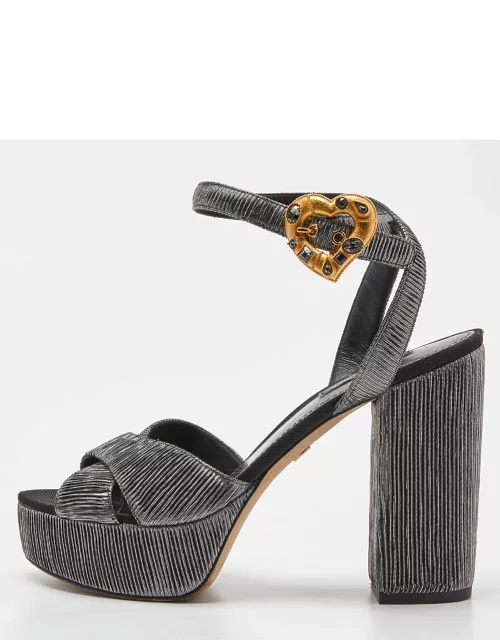 Dolce & Gabbana Metallic Grey Pleated Fabric Ankle Strap Platform Sandal