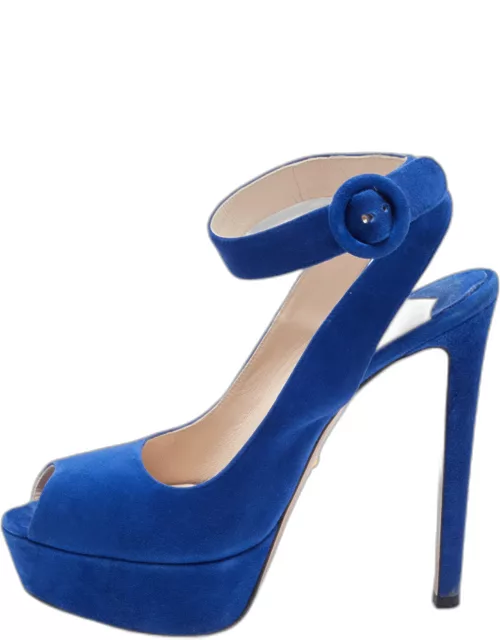 Prada Blue Suede Peep Toe Platform Ankle Strap Sandal