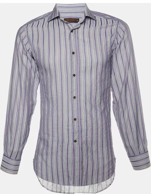 Etro Grey & Purple Striped Cotton Button Front Shirt