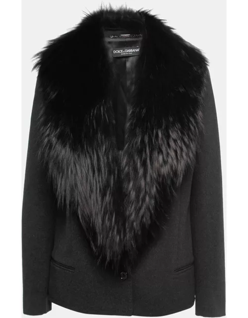 Dolce & Gabbana Black Grey Wool & Fur Single Breasted Jacket