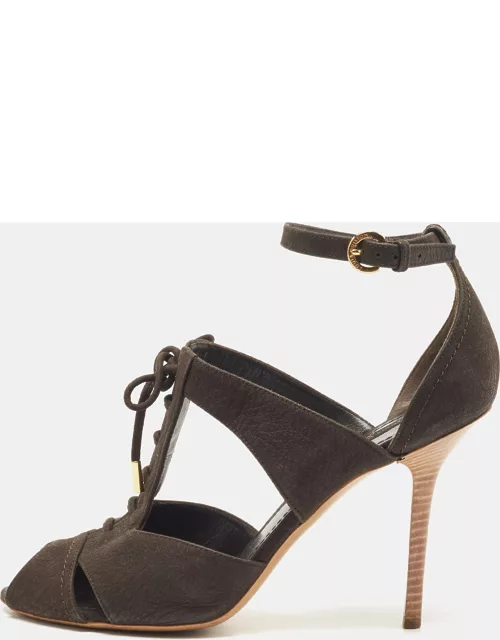 Louis Vuitton Dark Brown Pebbled Leather Corfu Caged Ankle Strap Sandal