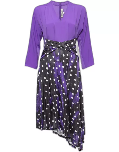 Diane Von Furstenberg Purple Printed Jersey & Crepe Long Sleeve Asymmetrical Midi Dress
