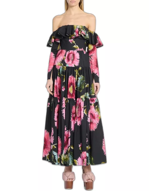 Off-Shoulder Floral Print Dress with Ruffle Detai