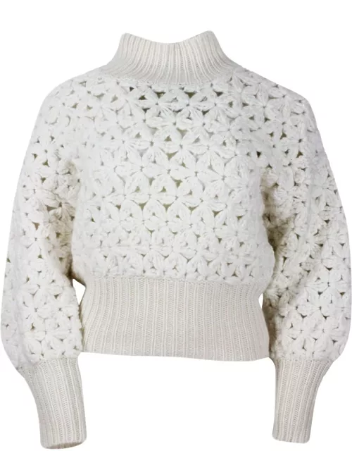 Fabiana Filippi Long-sleeved High-neck Sweater In Soft And Precious Wool, Silk And Cashmere With Flower Processing And Hand-made And Embellished With Micro-sequin