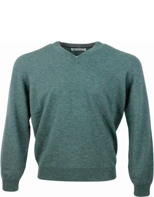 Brunello Cucinelli Long-sleeved V-neck Sweater In Fine 100% Cashmere With Contrasting Piping On The Cuff