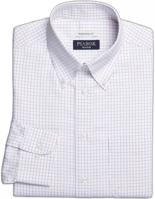 JoS. A. Bank Big & Tall Men's Traveler Collection Traditional Fit Button-Down Collar Grid Dress Shirt , Burgundy, 19 36