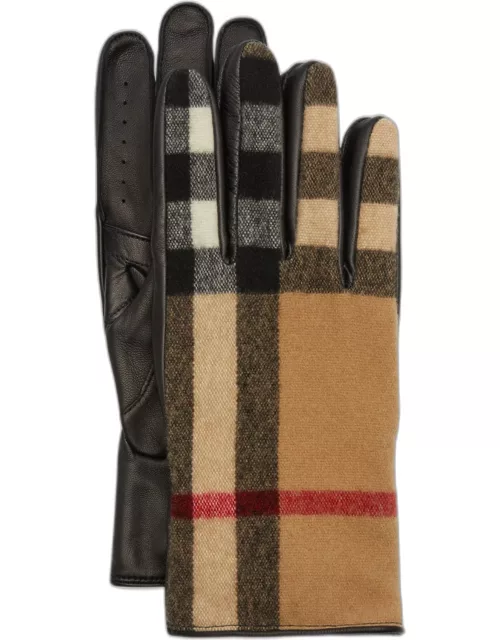Men's Exaggerated Check Wool & Leather Glove