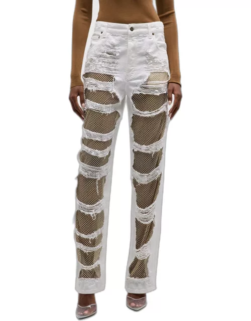 Karen Shredded Crystal-Panel Straight-Leg Jean
