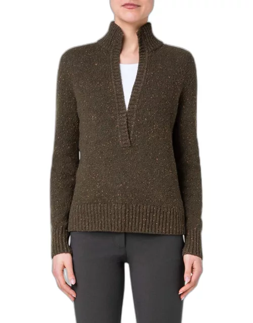Split-V Collared Cashmere Tweed Sweater