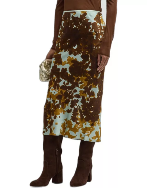 Satin Floral Print Midi Skirt